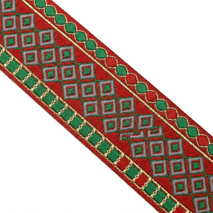 Cinta Jacquard Étnica de 38 mm con Bordado Dorado, Rojo y Verde, Encaje Geométrico Tejido para Prendas, Lazos y Ropa Festiva - Product Image 5