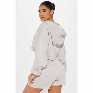 Trendy Women's Acid Wash Distressed Crop Hoodie and Shorts Set Loose Fit Plain Blank Plus Size Premium Cotton Streetwear Outfit - Product Image 2