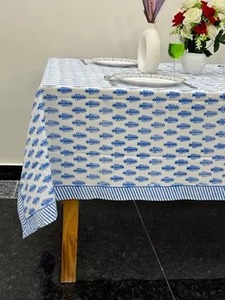 Custom Boho Retro Blue & White Floral <b>Tablecloth</b> Hand Block Print Farmhouse Style for Easter Brunch & Weddings Table Cloth Gift - Product Image 5