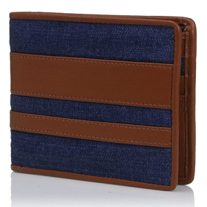 Men's Denim <b>Wallet</b> Striped <b>Brown</b> Leather Trim Fold Closure Multi-Card Holder Preppy Style Daily Use Short <b>Wallet</b> - Product Image 1