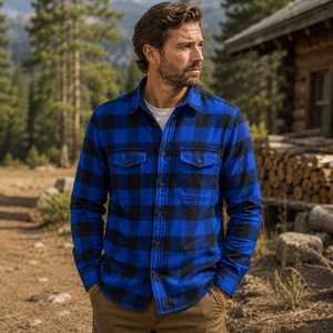 Camisa de Franela a Cuadros de Manga Larga Personalizable de Alta Calidad para Hombre, Corte Regular, Casual, Azul y Negro, Tejido Entrecruzado, Manga Larga, Cuello Camisero - Product Image 3