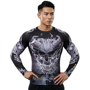 Men Long Sleeve Rash Guard Full Print <b>Skull</b> Design Quick Dry Polyester Compression Shirt for Adults - Product Image 3
