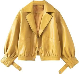 Chaqueta de Cuero Premium Transpirable de Alta Calidad para Mujer, Color Amarillo, Mangas Plisadas, Corte Holgado, Chaqueta de Cuero Puro, 2026 - Product Image 6