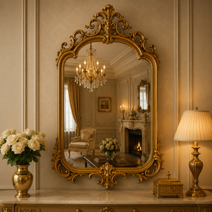 Regalia Crest Wooden Carving Wall Mirror Handcrafted Decorative Accent <b>Frame</b> Premium Vanity Dressing Mirror for Luxury Homes - Product Image 1