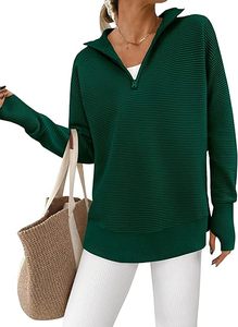 Womens Long Sleeve Quarter Zip <b>Pullover</b> Sweater Casual Loose V Neck Collared Ribbed Knit <b>Jumper</b> Tops Thumb Hole - Product Image 1