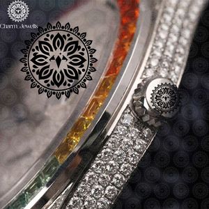 Montre ronde de luxe pour femme Charm_Jewells en acier inoxydable 38 mm, analogique à quartz, avec verre saphir et lunette arc-en-ciel, tendance - Product Image 3