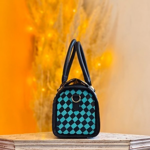 Sky Blue Black Color Hand <b>Tooled</b> Florals Carved Checkered Diamond Pattern 100% Genuine <b>Leather</b> Luxury High Quality Mini Speedy - Product Image 2