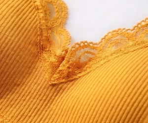 Bralette sin Varillas Color Amarillo Mostaza para Mujer, con Ribete de Encaje, Tejido de Spandex Transpirable, para Uso Diario, con Relleno, Copa Completa, de Secado Rápido - Product Image 6