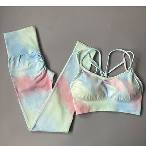 <b>Tie</b> <b>Dye</b> Yoga <b>Set</b> Crop Top High Waist Leggings 2 Piece Seamless Breathable Women Workout Wear Full Length Gradient Color - Product Image 1