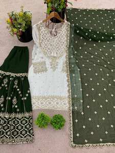 ชุดเสื้อผ้าปักลายอินเดียสำเร็จรูป ชารารา การารา เคอร์ตี ผ้าจอร์เจตต์ ชุดดีไซน์เนอร์ชาติพันธุ์ปากีสถาน ชุด 3 ชิ้น - Product Image 6