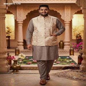 Ensemble Kurta-Polo et pantalon pour homme en soie douce, à manches longues et unies, avec Koti jacquard à motif intégré – Fournisseur indien - Product Image 1