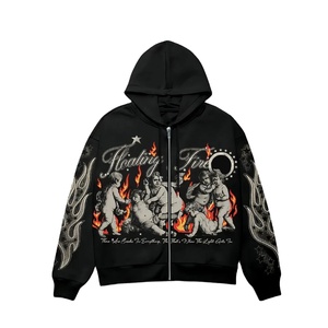 Sudadera con Capucha Estampada con Fuego Flotante, Unisex, Estilo Urbano Oversize, Diseño de Ángel de Llama Negra, Impresión por Sublimación, Corte Regular - Product Image 1