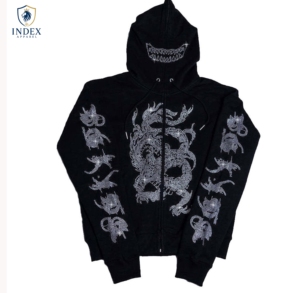 Sweat-shirt à capuche zippé noir pour homme Index Apparel, imprimé dragon en strass, style streetwear, vêtements d'hiver - Product Image 1