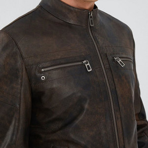 Men's Brown Cow Leather Moto Jacket Stand Collar Zipper Closure Regular Sleeve Autumn Biker Style Solid Color Slim Fit - Product Image 5