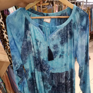 100% Cotton Women <b>Boho</b> Printed Regular Length Long Sleeve Tie-Neck Summer Party Casual Beach Dress with Neck Tie-Up Tassel - Product Image 1