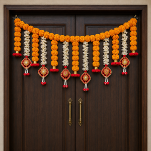 Orange Marigold Toran with White Floral Strings and Ganesha Idol Decorative Puja Backdrop for Festival <b>Home</b> Entrance Decor - Product Image 6
