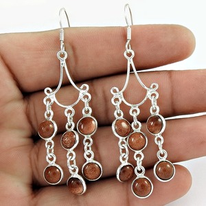Exclusivos pendientes largos colgantes de piedra solar marrón, elaborados con plata de ley 925, hermosa joyería bohemia para ella. - Product Image 3