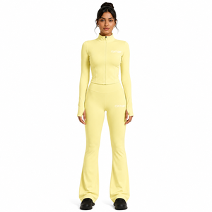 Conjunto de Yoga para Mujer con Logotipo Personalizado, Chaqueta Deportiva Amarillo Claro con Cierre Completo y Cuello Alto, Leggings Acampanados, Traje Deportivo de Dos Piezas - Product Image 1