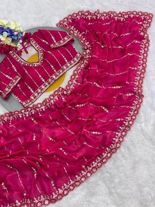 Sari de Organza de Diseño con Lentejuelas y Bordados, Blusa para Bodas y Fiestas, Sari Tradicional Indio - Product Image 4