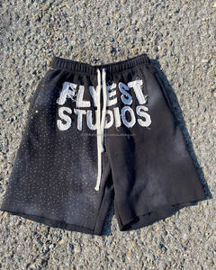 กางเกงขาสั้นผู้ชายทรงสูงซักแบบวินเทจผ้าซับเหงื่อผ้าคอตตอนตัดขอบขอบผ้าปะติดเสื้อแบบเชือกหนา - Product Image 4