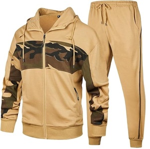 Good Quality Camo Print Tracksuit Joggers <b>Set</b> Fleece Cotton Zipper Hoodie & Sweat Pant Trouser Gym Breathable Hooded Track Suits - Product Image 1