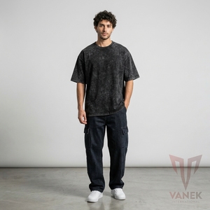 T-shirt pour homme en polyester/coton tricoté léger et respirant, coupe classique, délavé à l'acide, gris foncé, style streetwear - Product Image 1