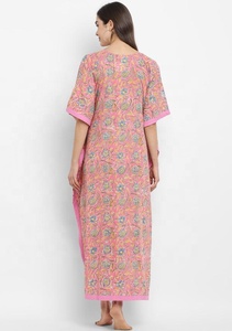 Français Rose Rose Main Bloc Floral Imprimé Tie-Up Taille 100% Coton Caftan Belle Robe De Nuit Pour Jolies Dames - Product Image 4