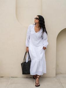 Vestido Maxi de Lino y Algodón Blanco Liso para Mujer, Cuello en V, Manga Larga, Estilo Bohemio, Holgado, Línea A, Casual, Verano - Product Image 5
