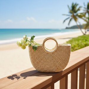 Sac de plage en jonc de mer avec pompon, fermetures à glissière et boutons, sac à main moderne et naturel pour femme, sacs de voyage tendance - Product Image 4