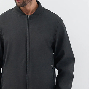 Men's Black Bomber <b>Jacket</b> Polyester Shell Zipper Closure Stand Collar Casual Autumn Wear Regular Fit Windproof <b>Fleece</b> <b>Lining</b> - Product Image 4