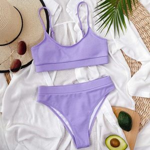Conjunto de Bikini Acanalado para Mujer, Top Bandeau en Azul Neón y Verde Contraste, Braguita de Cintura Alta, Traje de Baño Elástico de Punto en Spandex y Poliéster - Product Image 6