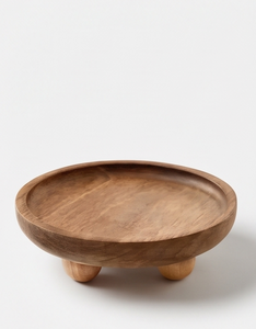 Plateau de service rond en bois de manguier finition naturelle, plateau décoratif en bois avec rebord surélevé et pieds en boule - Product Image 1