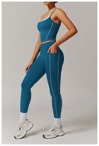 Teal Square Neck Spaghetti Strap <b>Crop</b> Top High Waist Full Length <b>Leggings</b> Set Seamless Yoga Activewear Women's Fitness Clothing - Product Image 2