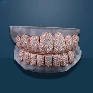 Hip Hop <b>Rose</b> Gold Teeth Grillz Iced Out 8 <b>Top</b> & 8 Bottom Set Custom Made 14K Solid <b>Rose</b> Gold Grillz For Men's - Product Image 1