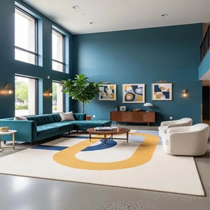 Tapis en laine tufté à la main de luxe, tapis moderne abstrait, tapis douillet, tapis doux pour salon et chambre, bleu, moutarde, crème, décoration nordique - Product Image 2