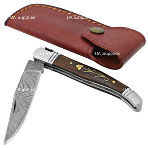 Couteau de chasse pliant Laguiole professionnel haut de gamme en acier Damas, manche en bois naturel, fait main, pointe clip. - Product Image 2