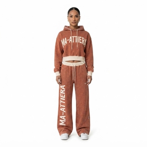 Conjunto de Sudadera Corta y Pantalones Jogger de Pierna Ancha para Mujer, Estilo Acid Wash Marrón Óxido, de Algodón y Felpa, Ropa Deportiva Urbana, OEM al por Mayor - Product Image 1