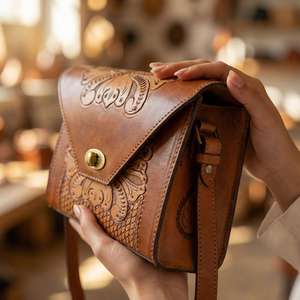 Bolso Bandolera de Cuero Genuino 100% Hecho a Mano con Grabados Florales, Ligero, Estilo Vintage Bohemio para Mujer - Product Image 2