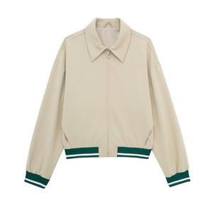 Chaqueta de Motocicleta para Mujer, Cuero Sintético, Corte Ajustado, Manga Larga, Beige con Detalles Verdes, para Otoño - Product Image 1
