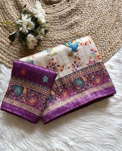 ผ้าไหมซาตินย้อมสีด้วยมือสุดหรู พร้อมพัลลูและขอบผ้าที่สวยงาม - Product Image 1