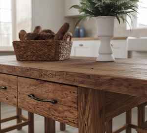 โต๊ะรับประทานอาหารไม้เนื้อแข็งคุณภาพดี พร้อมลิ้นชักเก็บของในตัว ชุดเฟอร์นิเจอร์ครัวสไตล์บ้านไร่แบบเรียบง่าย พร้อมม้านั่งไม้เข้าชุด - Product Image 1