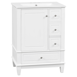 Meuble-lavabo autoportant blanc de 24 pouces avec vasque, tiroirs, plateau en céramique, étagères de rangement, en MDF massif – Meubles-lavabos de salle de bain de 24 pouces - Product Image 2