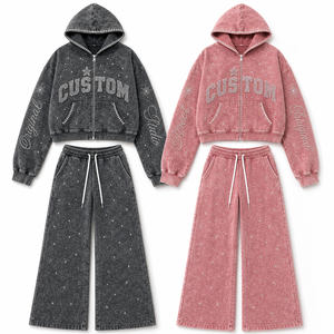 Ensemble de survêtement Y2K pour femme, violet, avec strass scintillants, style vintage délavé à l'acide, comprenant un sweat à capuche court et un pantalon de survêtement large, idéal pour l'été - Product Image 3