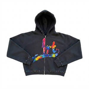 Oversized Crop <b>Hooded</b> <b>Zip</b>-Up Sweatshirt Rainbow Embroidery Front Unisex Casual Autumn Wear Breathable Wholesale rate - Product Image 1