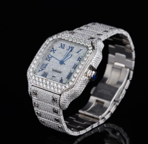 Luxury Vintage Stainless Steel Iced VVS Moissanite Automatic Watch Full Diamond Square <b>Case</b> Roman Numerals Blue Hands Hip Hop - Product Image 3
