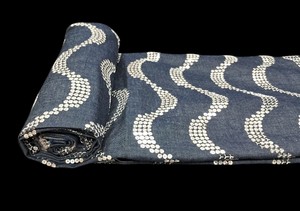 Hot Sale Premium <b>Navy</b> Blue Denim Fabric with Silver Sequin Wave Embroidery - 100% Cotton Base Sequin Work Material - Product Image 2