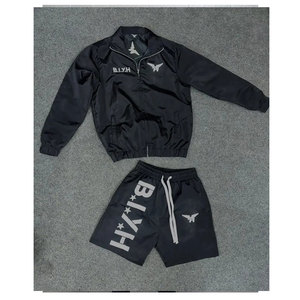 B.I.YH Men's Sporty Track Jacket and Shorts Set <b>Black</b> Polyester Satin Summer Breathable Outfit - Product Image 1