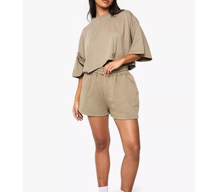 Conjunto de pantalones cortos de algodón de color liso para mujer, cuello redondo, manga tres cuartos, cintura elástica, ajuste holgado, ropa de verano - Product Image 4