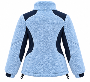 Chaqueta de lana sherpa premium personalizada para mujer, color azul claro, con bloques de color, cuello alto, cierre de cremallera, a prueba de viento, para invierno, con bolsillos, OEM - Product Image 2
