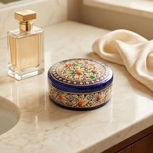 Premium Handcrafted Round Paper Mache Keepsake <b>Box</b> Crimson Floral Tapestry Traditional Kashmiri Indian Artisan <b>Gift</b> - Product Image 2
